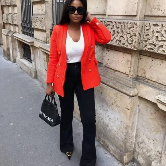 Zara Rhinestone  Jewel Button Blazer & Skirt Set Orange Size Medium Blogger Fav - Picture 6 of 16